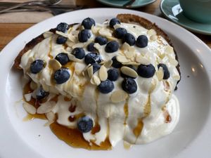 French toast with yoghurt, maple syrup, blueberries and almonds - big portion !  at Chapter One Coffee Shop in Edinburgh