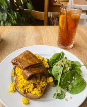 Sourdough tofu scramble with bacon  at Chapter One Coffee Shop in Edinburgh
