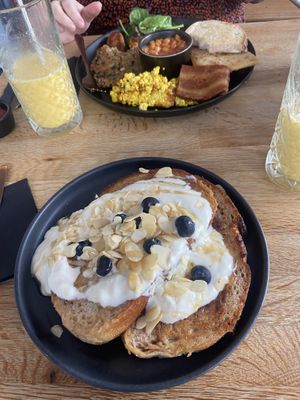 Full vegan breakfast & French toast with blueberries and vegan yoghurt   at Chapter One Coffee Shop in Edinburgh