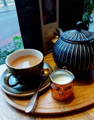 Tea with oat milk at Chapter One Coffee Shop in Edinburgh