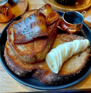French toast with bacon, banana & maple syrup at Chapter One Coffee Shop in Edinburgh
