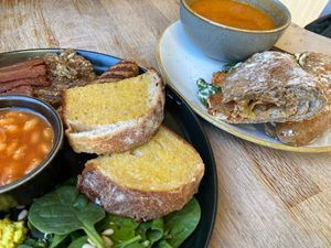 Breakfast platter & smoked tofu w/kimchi sandwich + soup! at Chapter One Coffee Shop in Edinburgh