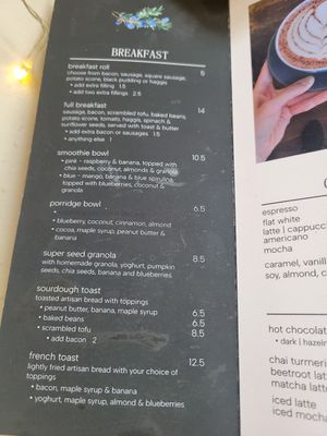 Breakfast menu at Chapter One Coffee Shop in Edinburgh