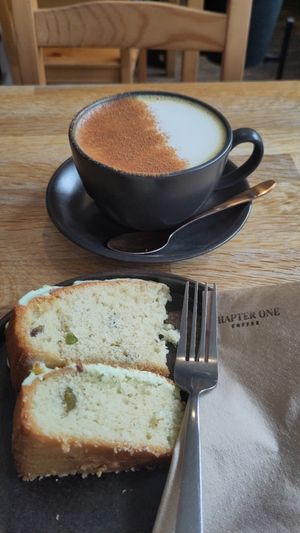 Pistachio cake and chai turmeric at Chapter One Coffee Shop in Edinburgh
