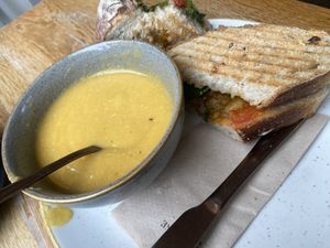 Wow Falafel and mango toasted sandwich with lentil soup delicious   at Chapter One Coffee Shop in Edinburgh