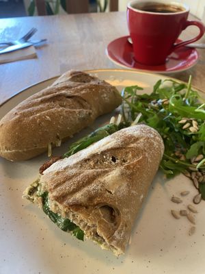Pesto and mozzarella baguette  at Chapter One Coffee Shop in Edinburgh