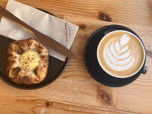 Flat White and Hazelnut and Vanilla Pastry at Chapter One Coffee Shop in Edinburgh