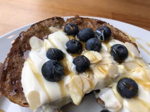 French toast with yoghurt almonds & blueberries at Chapter One Coffee Shop in Edinburgh