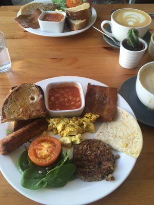 Full English and large oat lattes at Chapter One Coffee Shop in Edinburgh