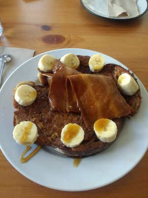French toast with bacon, maple syrup and banana. at Chapter One Coffee Shop in Edinburgh