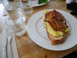 Sourdough witch scrambled tofu and "bacon" at Chapter One Coffee Shop in Edinburgh