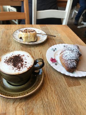 Cappuccino, Blueberry croissant and Cinnamon swirl  at Chapter One Coffee Shop in Edinburgh