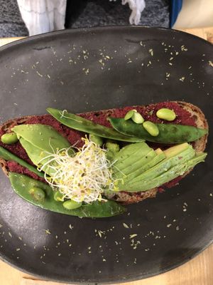 Beet Hummus/Avocado Toast. Delicious!  at Odacova in Barcelona
