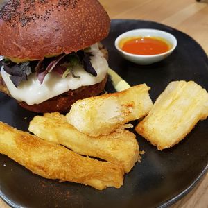 Burger with yuca fries at Odacova in Barcelona