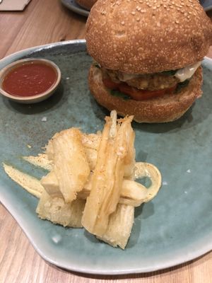 Green burger and yuca fries  at Odacova in Barcelona