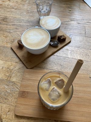 Two cappuccinos and one iced coffee  at Plenty in The Hague