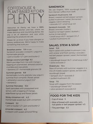 Menu as of early June 2023 at Plenty in The Hague
