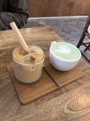 coffee on the rocks & matcha latte  at Plenty in The Hague