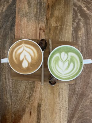 Cappuccino and Matcha Latte  at Plenty in The Hague