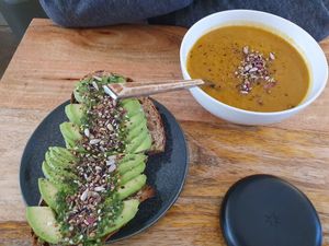 Soup and avocado sandwich at Plenty in The Hague