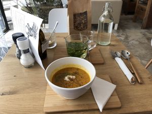pumpkin soup, bottle of water for free & cosy atmosphere  at Plenty in The Hague