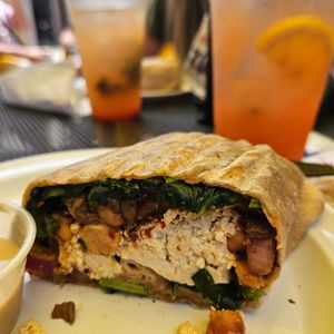 Vegan wrap (toasted) with strawberry lemonade at Cafe Ole in Loreto