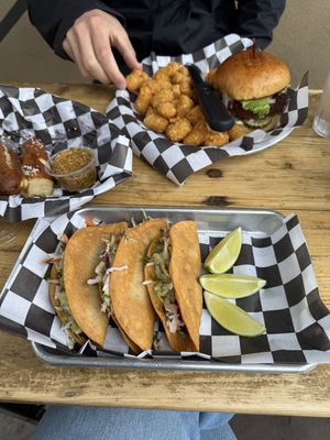Sweet potato tacos, beyond meat burger, pretzels    at Historic Brewing Barrel + Bottle House in Flagstaff