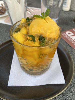 Mango sorbet with fresh mango, passion fruit and a passion fruit-mint lemonade.  at Brasserie BLVD in Vlissingen