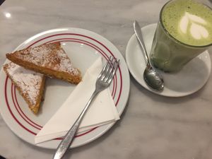 Vegan pie (almonds) with matcha cappuccino (soy milk)  at Panini Durini - CityLife in Milan