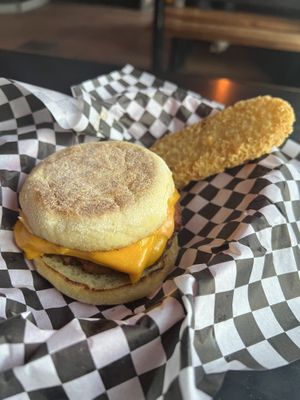 Breakfast sandwich and hash brown   at Mark of the Beastro in Salt Lake City
