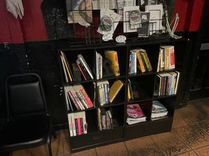 Large bookshelve at Mark of the Beastro in Salt Lake City