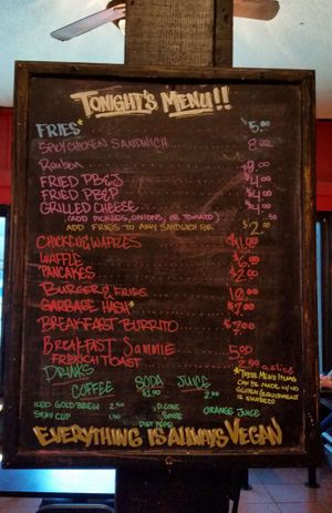 Menu, as of April 2019. You have to walk halfway into the restaurant and turn around before you can see it. at Mark of the Beastro in Salt Lake City