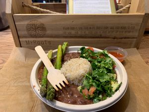 I love the frijoles bowl with a side of hot sauce!  at MyRoots in Miami