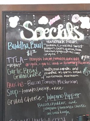 Specials board on Friday which lists the TTLA as a vegan option at Downtown Deli & Donuts in Spartanburg