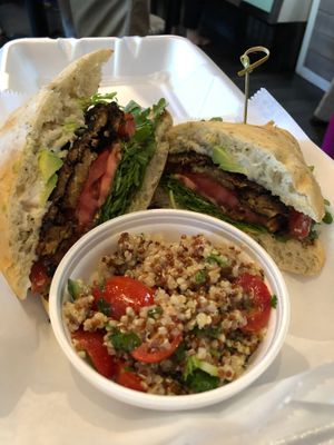 TTLA -  tempeh bacon, tomato, avocado, arugula, & garlic aioli on Rosemary Focaccia with Quinoa Tabouli salad as the side. at Downtown Deli & Donuts in Spartanburg