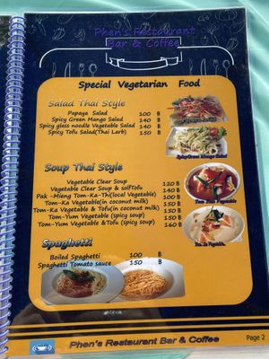 Vegetarian menu  at Phen's Restaurant in Phuket