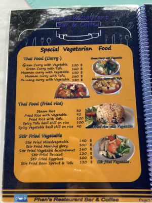 Vegetarian menu  at Phen's Restaurant in Phuket