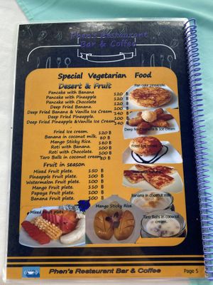 Vegetarian menu  at Phen's Restaurant in Phuket