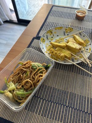 Tofu satay and yellow noodles   at Phen's Restaurant in Phuket