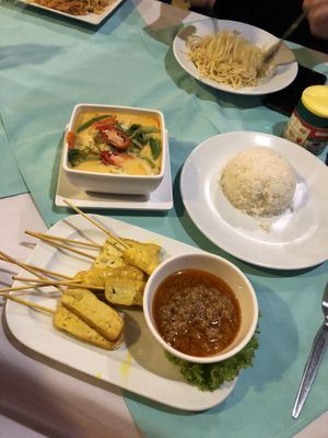 Tofu satay and red curry.  at Phen's Restaurant in Phuket