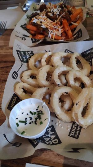 Calamari rings and sweet potato fries at Madrid Vegan Tours in Madrid