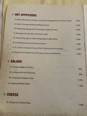 Menu at Kacsa Étterem in Budapest