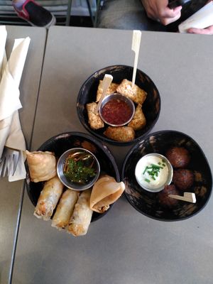 Mix of entrées : tofu, samosas, nems and ‹‹ meat ››balls at La Cantine Viêtgétarienne in Bordeaux