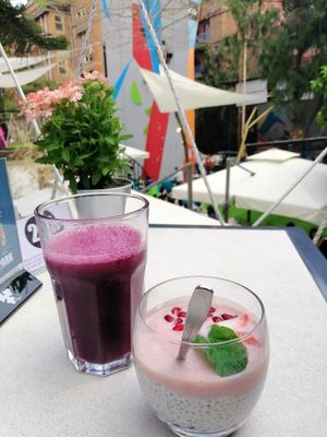 Grape juice and chia pudding at Sprout in Kathmandu