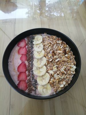 Strawberry yogurt bowl at Sprout in Kathmandu