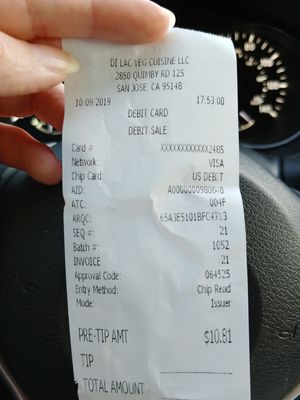 $10.81 Receipt for Pho at Di Lac Cuisine in San Jose