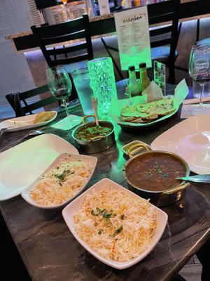 Baingan Bharta (Vegan, further away) and Dal Palak (vegan closer) and Tandoori Roti  at Indian Bistro 14 in Arlington