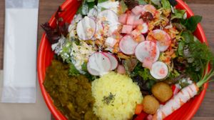 Curry, salad, pickles, and croquettes. at Yorozu Farm in Yamaguchi