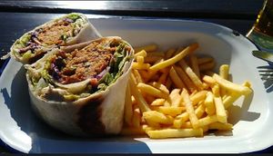 Falafel wrap and chips at The Loop Bar in Tignes