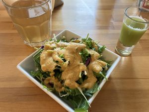 Lunch menu is served with this salad and green shot  at VegeHolic in Tokyo